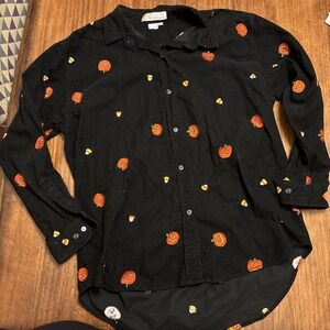 Casey Coleman Black Corduroy Shirt W/Embroidered Candy Corn & Pumpkins M/L